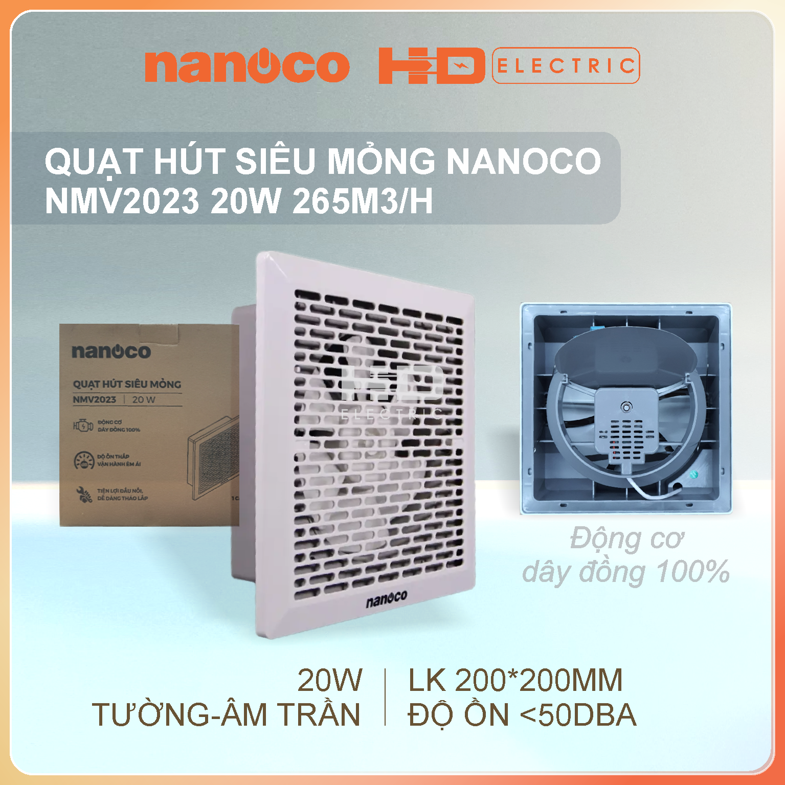 Quạt hút siêu mỏng Nanoco NMV2023 20W - Lỗ khoét 200x200mm